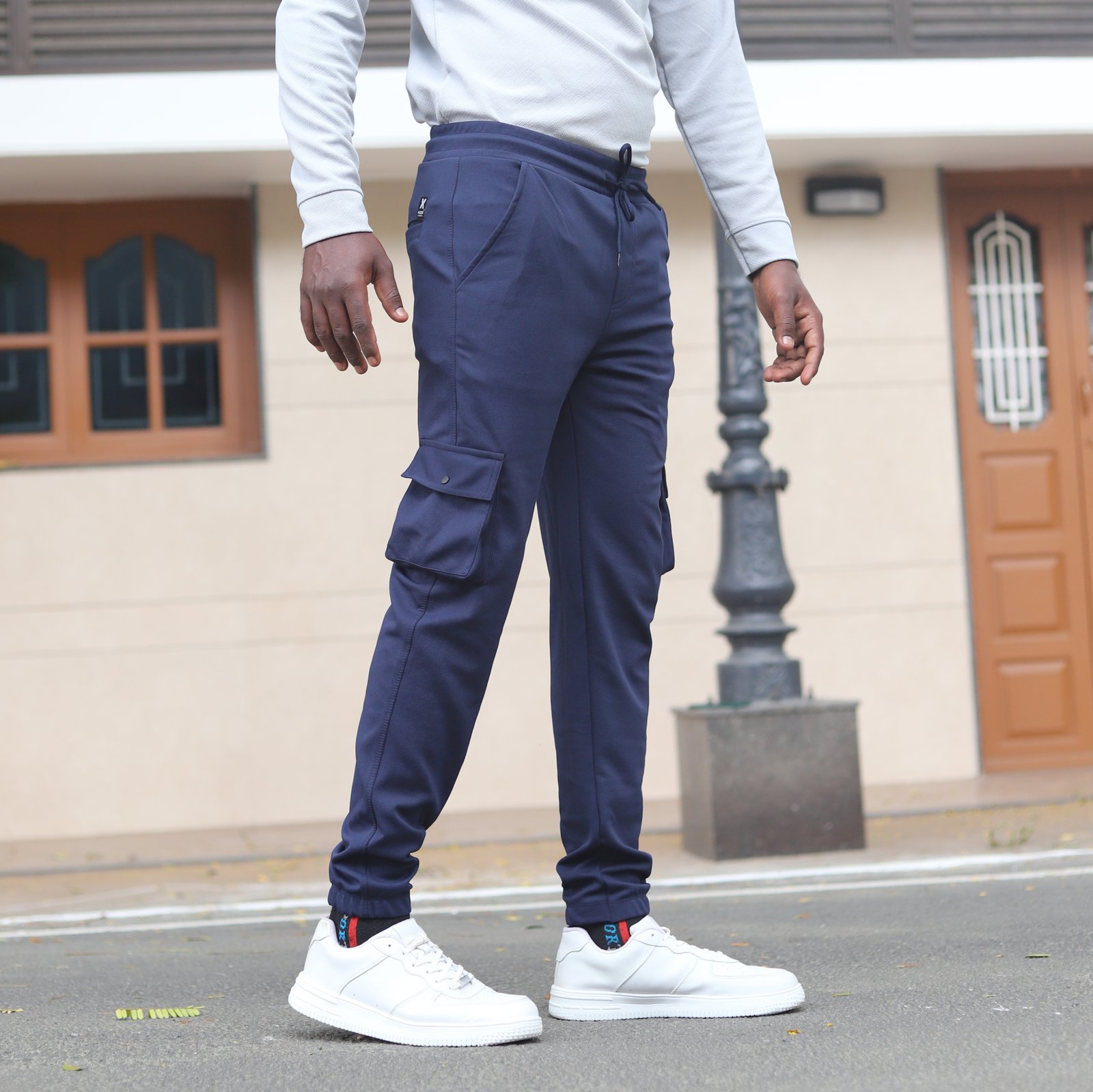 Lycra Navy Blue Cargo Pants With Five Pocket and Rope